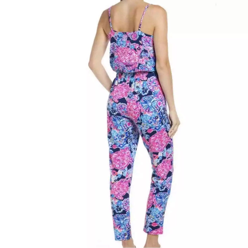 Lilly Pulitzer Dante Jumpsuit Navy Pink Medium High Tide Turtle Amazement Floral - Picture 14 of 15
